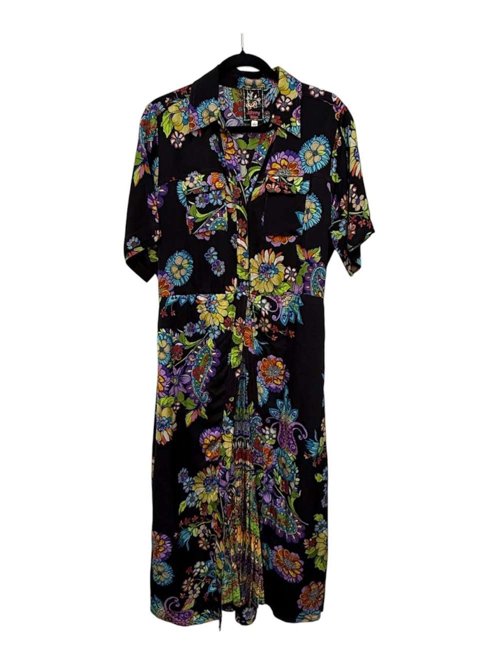 Johnny Was Catriona Black Floral Midi Dress with Yellow, Purple & Blue Print - Picture 2 of 6